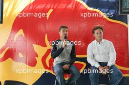07.07.2005 Silverstone, England, David Coulthard, GBR, Red Bull Racing in a press conference with Christian Horner, GBR, Red Bull Racing team Principal discussing his signing for next season - July, Formula 1 World Championship, Rd 11, British Grand Prix, Silverstone, England