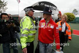 07.07.2005 Silverstone, England, Controlls at the Paddock entrance, after the bomb blasts in London - Michael Schumacher, GER, Ferrari arrived in the Paddock Area - July, Formula 1 World Championship, Rd 11, British Grand Prix, Silverstone, England