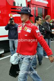 07.07.2005 Silverstone, England Michael Schumacher, GER, Ferrari arrived in the Paddock Area - July, Formula 1 World Championship, Rd 11, British Grand Prix, Silverstone, England