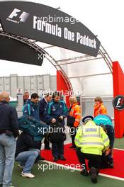 07.07.2005 Silverstone, England The police doing extra security checks on bags at the entry of the Formula One paddock - July, Formula 1 World Championship, Rd 11, British Grand Prix, Silverstone, England