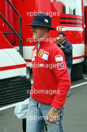 07.07.2005 Silverstone, England Michael Schumacher, GER, Ferrari arrived in the Paddock Area - July, Formula 1 World Championship, Rd 11, British Grand Prix, Silverstone, England