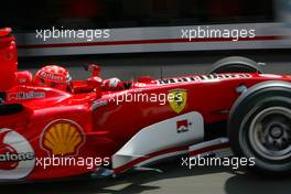 29.07.2005 Hungaroring, Hungary, Michael Schumacher (GER), Scuderia Ferrari Marlboro F2005, driving out of the pitbox - July, Formula 1 World Championship, Rd 13, Hungarian Grand Prix, Budapest, Hungary, HUN, Practice