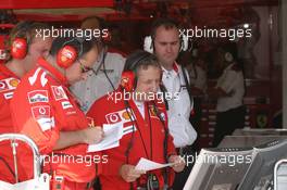 30.07.2005 Hungaroring, Hungary, Jean Todt, FRA, Ferrari, Teamchief, General Manager, GES, watching the Qualifying on TV - July, Formula 1 World Championship, Rd 13, Hungarian Grand Prix, Budapest, Hungary, HUN, Qualifying
