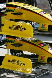 28.07.2005 Hungaroring, Hungary, Jordan front wings with STEEL BACK sponsoring on the wing end plates - July, Formula 1 World Championship, Rd 13, Hungarian Grand Prix, Budapest, Hungary, HUN