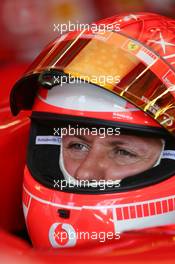 20.08.2005 Istanbul, Turkey, Michael Schumacher, GER, Ferrari with a clip on his visor to lock it into place - August, Formula 1 World Championship, Rd 14, Turkish Grand Prix, Istanbul Park, Turkey, Practice