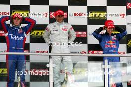 17.09.2005 Klettwitz, Germany,  Podium, Lewis Hamilton (GBR), ASM Formule 3, Dallara F305 Mer cedes(1st, center), Giedo van der Garde (NED), Team Rosberg, Dallara F305 Opel Spiess (2nd, left) and Sebastian Vettel (GER), ASL Mücke Motorsport, Dallara F305 Mercedes (3rd, right) - F3 Euro Series 2005 at Lausitzring