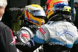 16.04.2005 Hockenheim, Germany,  Adrian Sutil (GER), ASM Formule 3, Dallara F305 Mercedes (2nd), congratulates Lewis Hamilton (GBR), ASM Formule 3, Dallara F305 Mercedes (1st) - F3 Euro Series 2005 at Hockenheimring Baden-Württemberg