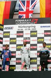 07.08.2005 Nürburg, Germany,  Podium, Lewis Hamilton (GBR), ASM Formule 3, Dallara F305 Mercedes (1st, center), Sebastian Vettel (GER), ASL Mücke Motorsport, Dallara F305 Mercedes (2nd, left) and Adrian Sutil (GER), ASM Formule 3, Dallara F305 Mercedes (3rd, right) - F3 Euro Series 2005 at Nürburgring