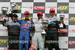 07.08.2005 Nürburg, Germany,  Podium, Lewis Hamilton (GBR), ASM Formule 3, Dallara F305 Mercedes (1st, center), Sebastian Vettel (GER), ASL Mücke Motorsport, Dallara F305 Mercedes (2nd, left) and Adrian Sutil (GER), ASM Formule 3, Dallara F305 Mercedes (3rd, right) - F3 Euro Series 2005 at Nürburgring