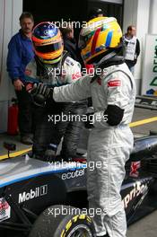 07.08.2005 Nürburg, Germany,  Race winner Lewis Hamilton (GBR), ASM Formule 3, Dallara F305 Mercedes (right) and 3rd placed Adrian Sutil (GER), ASM Formule 3, Dallara F305 Mercedes (left), congratulate each other - F3 Euro Series 2005 at Nürburgring