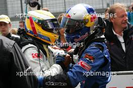 07.08.2005 Nürburg, Germany,  Race winner Lewis Hamilton (GBR), ASM Formule 3, Dallara F305 Mercedes (left), congratulates Sebastian Vettel (GER), ASL Mücke Motorsport, Dallara F305 Mercedes (right) with his 2nd place - F3 Euro Series 2005 at Nürburgring