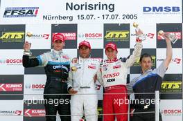 17.07.2005 Nürnberg, Germany,  Podium, Lewis Hamilton (GR), ASM Formule 3, Dallara F305 Mercedes (1st, center), Adrian Sutil (GER), ASM Formule 3, Dallara F305 Mercedes (2nd, left) and Franck Perera (FRA), Prema Powerteam, Dallara F305 Opel Spiess (3rd, right) - F3 Euro Series 2005 at Norisring