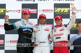 17.07.2005 Nürnberg, Germany,  Podium, Lewis Hamilton (GR), ASM Formule 3, Dallara F305 Mercedes (1st, center), Adrian Sutil (GER), ASM Formule 3, Dallara F305 Mercedes (2nd, left) and Franck Perera (FRA), Prema Powerteam, Dallara F305 Opel Spiess (3rd, right) - F3 Euro Series 2005 at Norisring