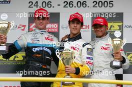 25.06.2005 Oschersleben, Germany,  Podium, Lucas di Grassi (BRA), Manor Motorsport, Dallara F305 Mercedes (1st, center), Adrian Sutil (GER), ASM Formule 3, Dallara F305 Mercedes (2nd, left) and Lewis Hamilton (GBR), ASM Formule 3, Dallara F305 Mercedes (3rd, right) - F3 Euro Series 2005 at Motopark Oschersleben