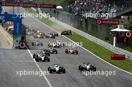 27.08.2005 Zandvoort, The Netherlands,  Start of the race, with Lewis Hamilton (GBR), ASM Formule 3, Dallara F305 Mercedes, leading and a big crash n the back of the field with James Rossiter (GBR), Signature-Plus, Dallara F305 Opel Spiess, Kohei Hirate (JPN), Team Rosberg, Dallara F305 Opel Spiess and Fabio Carbone (BRA), Team Signature, SLC R1 Opel Spiess - F3 Euro Series 2005 at Circuit Park Zandvoort