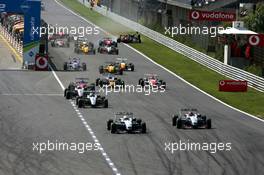 27.08.2005 Zandvoort, The Netherlands,  Start of the race, with Lewis Hamilton (GBR), ASM Formule 3, Dallara F305 Mercedes, leading and a big crash n the back of the field with James Rossiter (GBR), Signature-Plus, Dallara F305 Opel Spiess, Kohei Hirate (JPN), Team Rosberg, Dallara F305 Opel Spiess and Fabio Carbone (BRA), Team Signature, SLC R1 Opel Spiess - F3 Euro Series 2005 at Circuit Park Zandvoort