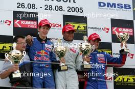 28.08.2005 Zandvoort, The Netherlands,  Podium, Lewis Hamilton (GBR), ASM Formule 3, Dallara F305 Mercedes (1st, center), Sebastian Vettel (GER), ASL Mücke Motorsport, Dallara F305 Mercedes (2nd, left) and Giedo van der Garde (NED), Team Rosberg, Dallara F305 Opel Spiess (3rd, right) - F3 Euro Series 2005 at Circuit Park Zandvoort