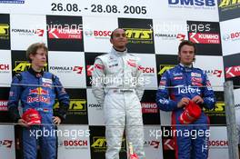 28.08.2005 Zandvoort, The Netherlands,  Podium, Lewis Hamilton (GBR), ASM Formule 3, Dallara F305 Mercedes (1st, center), Sebastian Vettel (GER), ASL Mücke Motorsport, Dallara F305 Mercedes (2nd, left) and Giedo van der Garde (NED), Team Rosberg, Dallara F305 Opel Spiess (3rd, right) - F3 Euro Series 2005 at Circuit Park Zandvoort