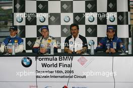 16.12.2005 Sakhir, Bahrain, Formula BMW World Final 2005, 13th to 16th December, Bahrain International Circuit, Press Conference, Marco Holzer, GER, AM-Holzer Rennsport GmbH with Nicolas Huelkenberg, GER, Josef Kaufmann Racing, Mario Theissen (BMW Motorsport Direktor) and Sebastien Buemi, SUI, ASL Team Muecke-motorsport - For further information please register at www.press.bmw.de - This image is free for editorial use only. Please use for Copyright/Credit: c BMW AG
