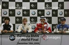 15.12.2005 Sakhir, Bahrain, Formula BMW World Final 2005, 13th to 16th December, Bahrain International Circuit, Press Conference, Robert Wickens, CAN, Team Autotecnica, Sam Bird, GBR, Fortec Motorsport, Hamad Al Fardan, BRN, Meritus, Marco Holzer, GER, AM-Holzer Rennsport GmbH - For further information please register at www.press.bmw.de - This image is free for editorial use only. Please use for Copyright/Credit: c BMW AG