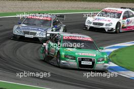 09.04.2006 Hockenheim, Germany,  Pierre Kaffer (GER), Audi Sport Team Phoenix, Audi A4 DTM, leads Bruno Spengler (CDN), AMG-Mercedes, AMG-Mercedes C-Klasse and Stefan Mücke (GER), Mücke Motorsport, AMG-Mercedes C-Klasse - DTM 2006 at Hockenheimring (Deutsche Tourenwagen Masters)