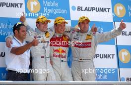 02.07.2006 Fawkham, England,  (far left) Hans-Jurgen Abt (GER), Teamchef Abt-Audi; (left) Jamie Green (GBR), AMG-Mercedes, AMG-Mercedes C-Klasse (2nd); (middle) Mattias Ekström (SWE), Audi Sport Team Abt Sportsline, Audi A4 DTM (1st); (right) Bernd Schneider (GER), AMG-Mercedes, AMG-Mercedes C-Klasse (3rd). - DTM 2006 at Brands Hatch, England (Deutsche Tourenwagen Masters)