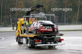 28.10.2006 Hockenheim, Germany,  The car of Vanina Ickx (BEL), Team Midland, Audi A4 DTM, on a truck, after her crash during free practice - DTM 2006 at Hockenheimring (Deutsche Tourenwagen Masters)