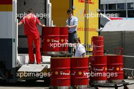 11.05.2006 Granolles, Spain,  Ferrari team member unloads Shell fuel barrels - Formula 1 World Championship, Rd 6, Spanish Grand Prix, Thursday