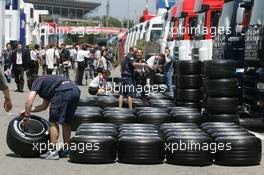 11.05.2006 Granolles, Spain,  Michelin tyres in the pit lane - Formula 1 World Championship, Rd 6, Spanish Grand Prix, Thursday