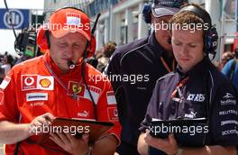 14.07.2006 Magny Cours, France,  Tyre mechanics copying data from each other - Formula 1 World Championship, Rd 11, French Grand Prix, Friday Practice