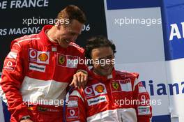 16.07.2006 Magny Cours, France,  1st place Michael Schumacher (GER), Scuderia Ferrari,  3rd place Felipe Massa (BRA), Scuderia Ferrari - Formula 1 World Championship, Rd 11, French Grand Prix, Sunday Podium