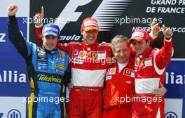 16.07.2006 Magny Cours, France,  Fernando Alonso (ESP), Renault F1 Team, Michael Schumacher (GER), Scuderia Ferrari, Jean Todt (FRA), Scuderia Ferrari, Teamchief, General Manager, Team Principal and Felipe Massa (BRA), Scuderia Ferrari - Formula 1 World Championship, Rd 11, French Grand Prix, Sunday Podium