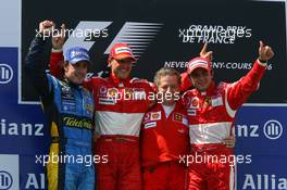 16.07.2006 Magny Cours, France,  1st place Michael Schumacher (GER), Scuderia Ferrari, 2nd place Fernando Alonso (ESP), Renault F1 Team, 3rd place Felipe Massa (BRA), Scuderia Ferrari, and Jean Todt (FRA), Scuderia Ferrari, Teamchief, General Manager, Team Principal - Formula 1 World Championship, Rd 11, French Grand Prix, Sunday Podium