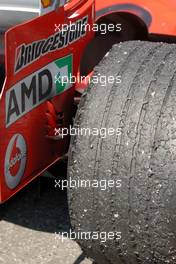 16.07.2006 Magny Cours, France,  One of the rear tyres on the car of Michael Schumacher (GER), Scuderia Ferrari 248 F1, after the race - Formula 1 World Championship, Rd 11, French Grand Prix, Sunday Race