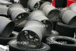 13.07.2006 Magny Cours, France,  Wheel rims waiting to be fitted with Bridgestone tyres - Formula 1 World Championship, Rd 11, French Grand Prix, Thursday