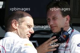 09.06.2006 Silverstone, England,  Adrian Newey (GBR), Red Bull Racing (ex. McLaren), Technical director, Chief Technical Officer with Christian Horner (GBR), Red Bull Racing, Sporting Director  - Formula 1 World Championship, Rd 8, British Grand Prix, Friday Practice