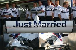 08.06.2006 Silverstone, England,  BMW Sauber have put "Just Married" on the rear of Jacques Villeneuve's car to celebrate his marrage with his new wife Johanna - Formula 1 World Championship, Rd 8, British Grand Prix, Thursday