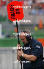 28.07.2006 Hockenheim, Germany,  Red Bull Racing, Personnel with a pitstop sign - Formula 1 World Championship, Rd 12, German Grand Prix, Friday Practice