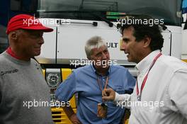 05.08.2006 Budapest, Hungary,  Niki Lauda (AUT), Herbie Blash (GBR), FIA observer and Nelson Piquet Snr. (BRA) - Formula 1 World Championship, Rd 13, Hungarian Grand Prix, Saturday