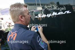 10.09.2006 Monza, Italy,  Spyker Stickers are applied to the Spyker MF1 Racing trucks - Formula 1 World Championship, Rd 15, Italian Grand Prix, Sunday