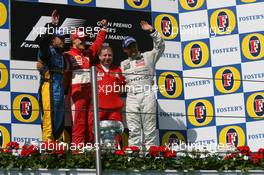 23.04.2006 Imola, Italy,  Fernando Alonso (ESP), Renault F1 Team and Michael Schumacher (GER), Scuderia Ferrari, Jean Todt (FRA), Scuderia Ferrari, Teamchief, General Manager, Team Principal, Juan-Pablo Montoya (COL), Juan Pablo, McLaren Mercedes  - Formula 1 World Championship, Rd 4, San Marino Grand Prix, Sunday Podium