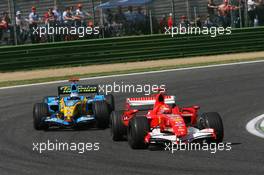 23.04.2006 Imola, Italy,  Michael Schumacher (GER), Scuderia Ferrari, 248 F1 leads Fernando Alonso (ESP), Renault F1 Team, R26 - Formula 1 World Championship, Rd 4, San Marino Grand Prix, Sunday Race