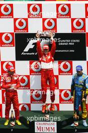 02.07.2006 Indianapolis, USA,  1st Place, Michael Schumacher (GER), Scuderia Ferrari, 248 F1, 2nd place Felipe Massa (BRA), Scuderia Ferrari, 248 F1, 3rd place Giancarlo Fisichella (ITA), Renault F1 Team, R26 - Formula 1 World Championship, Rd 10, United States Grand Prix, Sunday Podium