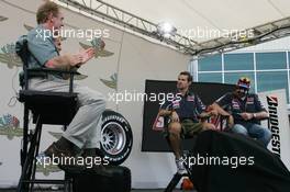 29.06.2006 Indianapolis, USA,  Tiago Monteiro (POR), Midland MF1 Racing and Christijan Albers (NED), Midland MF1 Racing are interviewed by SPEED TV - Formula 1 World Championship, Rd 10, United States Grand Prix, Thursday