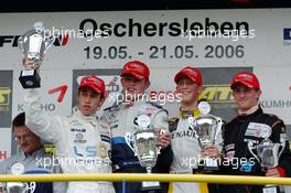 20.05.2006 Oschersleben, Germany,  (far left) Esteban Guerrieri (ARG), Manor Motorsport, Dallara F305 Mercedes ( 2nd place); (left) Paul di Resta (GBR), ASM Formula 3, Dallara F305 Mercedes (1st place); (right) Romain Grosjean (SUI), Signature-Plus, Dallara F305 Mercedes (3rd place); (far right) Julian Theobald (GER), SMS Seyffarth Motorsport, Dallara F304 Mercedes ( 1st place 2004 Trophy). - F3 Euro Series 2006 at Motorsport Arena Oschersleben