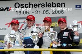 20.05.2006 Oschersleben, Germany,  Podium of the Formula 3 Euro Series: (far left) Esteban Guerrieri (ARG), Manor Motorsport, Dallara F305 Mercedes (2nd place) ;(left) Paul di Resta (GBR), ASM Formula 3, Dallara F305 Mercedes (1st place); (right) Romain Grosjean (SUI), Signature-Plus, Dallara F305 Mercedes (3rd place); ( far right) Julian Theobald (GER), SMS Seyffarth Motorsport, Dallara F304 Mercedes ( First 2004 trophy). - F3 Euro Series 2006 at Motorsport Arena Oschersleben