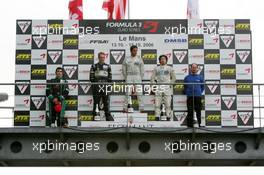 15.10.2006 Le Mans, France,  Podium, Richard Antinucci (USA), HBR Motorsport, Dallara F305 Mercedes (1st, center), Charlie Kimball (USA), Signature-Plus, Dallara F306 Mercedes (2nd, left) and Kohei Hirate (JPN), Manor Motorsport, Dallara F305 Mercedes (3rd, right) - F3 Euro Series 2006 at Le Mans Bugatti Circuit, France