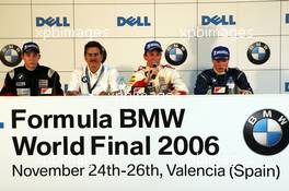 26.11.2006 Valencia, Spain, Sunday, Race, Press Conference, Josef Král (CZE), Kral, Josef Kaufmann Racing, Dr. Mario Theissen (GER), BMW Motorsport Director, Christian Vietoris (GER), Josef Kaufmann Racing, Mika Mäki (FIN), Maki, Eifelland Racing - DELL Formula BMW World Final 2006, 23th - 26th November, Circuit de la Comunitat Valenciana Ricardo Tormo - For further information please register at www.formulabmwworldfinal-images.com - This image is free for editorial use only. Please use for Copyright/Credit: c BMW AG