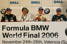 26.11.2006 Valencia, Spain, Sunday, Race, Press Conference, Josef Král (CZE), Kral, Josef Kaufmann Racing, Dr. Mario Theissen (GER), BMW Motorsport Director, Christian Vietoris (GER), Josef Kaufmann Racing, Mika Mäki (FIN), Maki, Eifelland Racing - DELL Formula BMW World Final 2006, 23th - 26th November, Circuit de la Comunitat Valenciana Ricardo Tormo - For further information please register at www.formulabmwworldfinal-images.com - This image is free for editorial use only. Please use for Copyright/Credit: c BMW AG