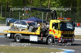 22.04.2007 Hockenheim, Germany,  Alexandre Premat (FRA), Audi Sport Team Phoenix, Audi A4 DTM was also involved in the mayhem of the crash in the openinglap. In the Spitzkehre a vehicle carried the damaged car pack to the pits. - DTM 2007 at Hockenheimring (Deutsche Tourenwagen Masters)